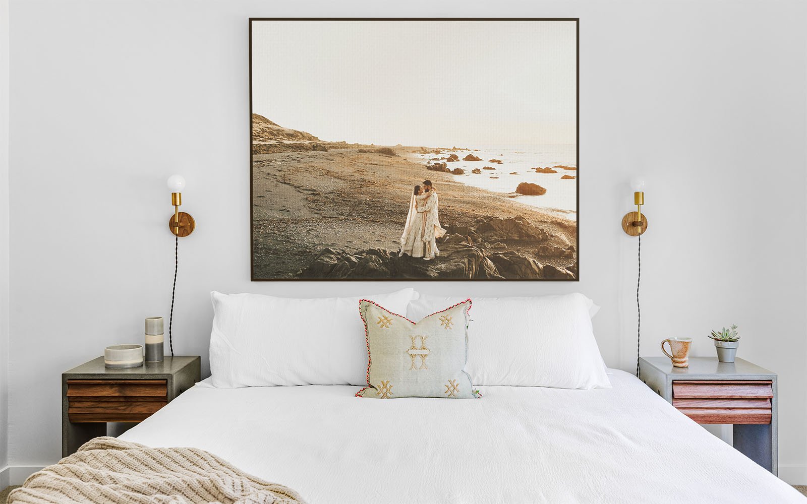 Wedding photo on canvas in above a bed