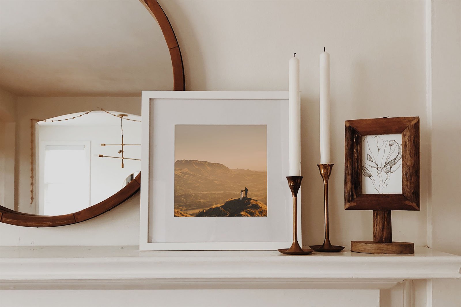 Framed wedding photo on the mantle piece