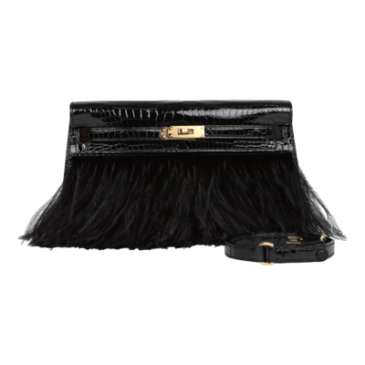 Herm&egrave;s Kelly Elan Folie Crocodile Porosus Lisse Noir / Plume d'Autruche Gold Hardware