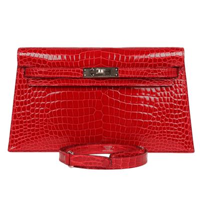 Herm&egrave;s Kelly To Go 22 cm Crocodile Porosus Lisse Rouge Braise Palladium Hardware