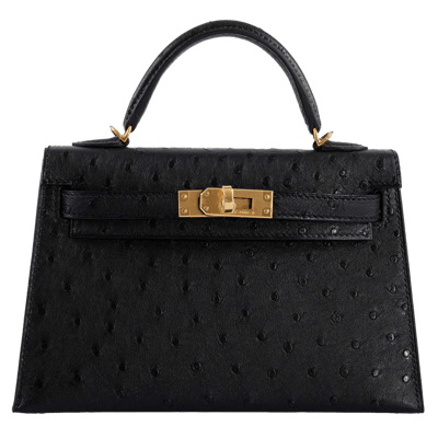 Herm&egrave;s Kelly 20 cm Autruche Sellier Noir Gold Hardware