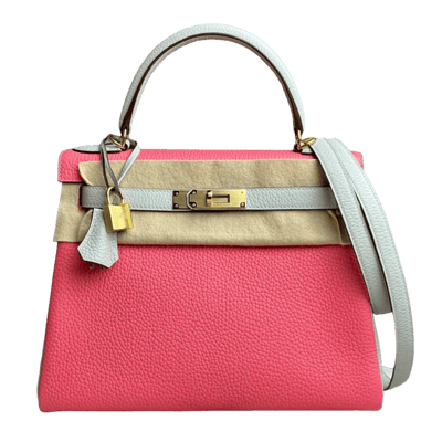 Herm&egrave;s Kelly 28 cm Horse Shoe Stamped Togo Rose Lipstrick &amp; Gris Perle Gold Hardware