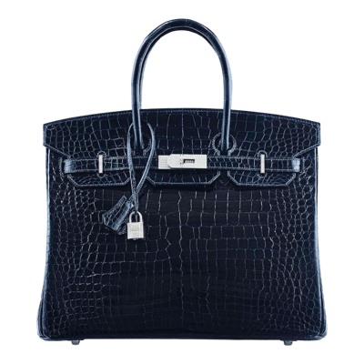 Herm&egrave;s Birkin 25 cm Crocodile Porosus Lisse Bleu Marine 18K White Gold-Plated Diamond-Encrusted Hardware