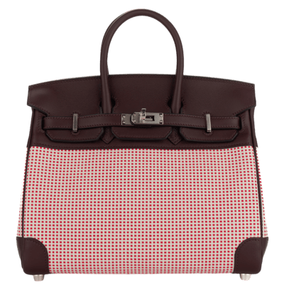 Herm&egrave;s Kelly 25 cm Swift / Toile Quadrill&eacute; Ecru Blanc Rose Framboise Rouge Sellier Palladium Hardware