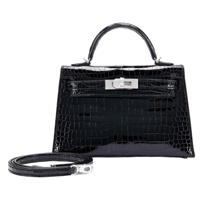 Herm&egrave;s Kelly 20 cm Sellier Crocodile Porosus Lisse Noir 18k White Gold-Plated Diamond-Encrusted Hardware