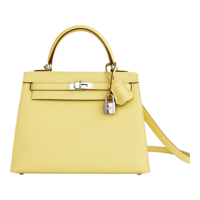 Herm&egrave;s Kelly 25 cm Epsom Sellier Jaune Poussin Palladium Hardware
