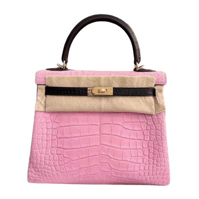 Herm&egrave;s Kelly 25 cm Horse Shoe Stamped Mississippiensis Alligator Matte Rose Bubblegum &amp; Noir Gold Hardware