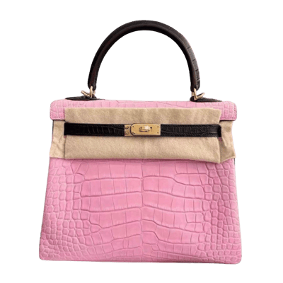 Herm&egrave;s Kelly 25 cm Horse Shoe Stamped Bubblegum Mississippiensis Alligator Matte &amp; Noir Gold Hardware