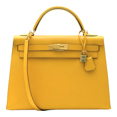 Herm&egrave;s Kelly 32 cm Epsom Sellier Jaune Ambre Gold Hardware