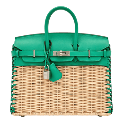 Herm&egrave;s Birkin 25 cm Limited Edition Picnic Osier Wicker / Swift Vert Menthe Palladium Hardware