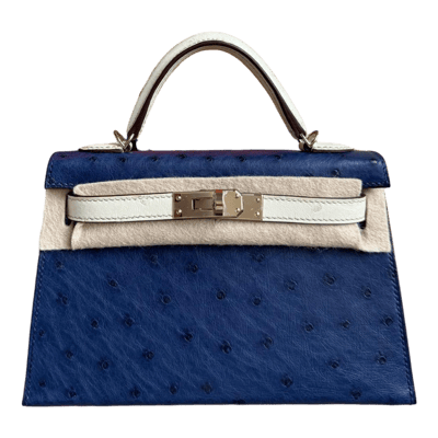 Herm&egrave;s Kelly 20 cm Autruche Sellier Bleu Iris &amp; Gris Beton Palladium Hardware