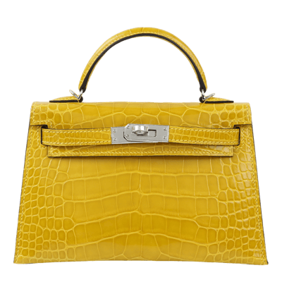 Herm&egrave;s Kelly 20 cm Sellier Mississippiensis Alligator Lisse Jaune Mimosa Palladium Hardware