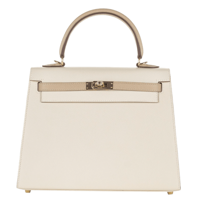 Herm&egrave;s Kelly 25 cm Horse Shoe Stamped Epsom Sellier Epsom Craie/Trench Gold Hardware