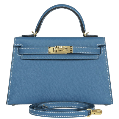 Herm&egrave;s Kelly 20 cm Epsom Sellier Bleu Jeans Gold Hardware