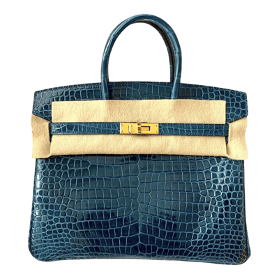 Herm&egrave;s Birkin 25 cm Crocodile Porosus Lisse Vert Bosphore Gold Hardware