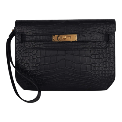 Herm&egrave;s Kelly Depeches 25 Mississippiensis Alligator Matte Noir Gold Hardware