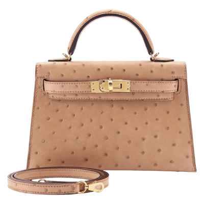 Herm&egrave;s Kelly 20 cm Autruche Sellier Chai Gold Hardware