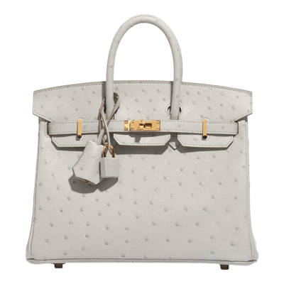 Herm&egrave;s Birkin 25 cm Horse Shoe Stamped Autruche Gris Perle Verso Orange Capucine Gold Hardware