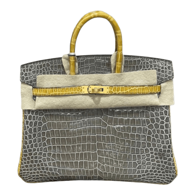 Herm&egrave;s Birkin 25 cm Horse Shoe Stamped Mississipiensis Alligator Matte Gris Tourterelle &amp; Ambre Gold Hardware