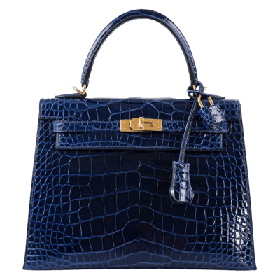 Herm&egrave;s Kelly 25 cm Sellier Mississipiensis Alligator Lisse Bleu Saphir Gold Hardware