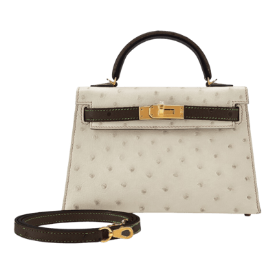 Herm&egrave;s Kelly 20 cm Autruche Gris B&eacute;ton &amp; Noir Gold Hardware