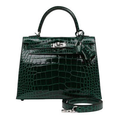 Herm&egrave;s Kelly 25 cm Crocodile Niloticus Lisse Vert Fonc&eacute; Palladium Hardware