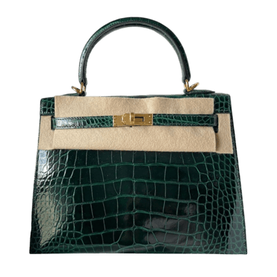 Herm&egrave;s Kelly 25 cm Sellier Mississipiensis Alligator Lisse Vert Fonc&eacute; Gold Hardware