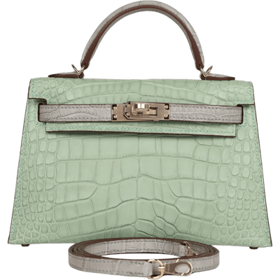 Herm&egrave;s Kelly 20 cm Sellier Mississippiensis Alligator Matte Vert D'eau &amp; Gris Perle Gold Hardware