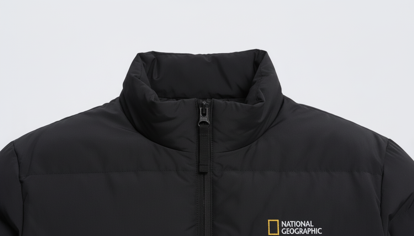 목을 따뜻하게 감싸는 내셔널지오그래픽 헤론 구스다운 점퍼의 스탠드넥 칼라 부분 상세 사진