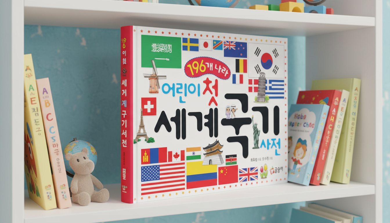 아이 책장에 꽂혀 있는 어린이 첫 세계 국기 사전