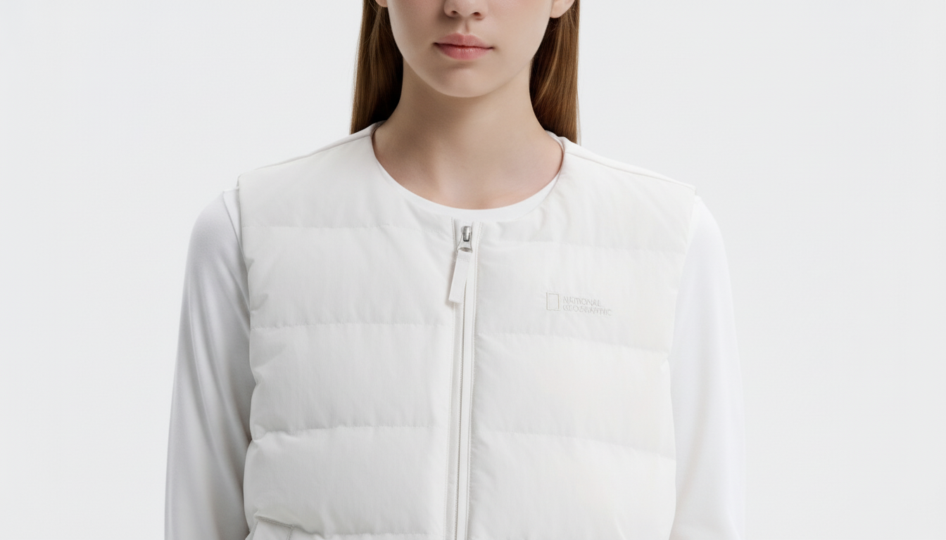 내셔널지오그래픽 구스다운 베스트의 고급스러운 원단 질감과 U넥 라인 디테일