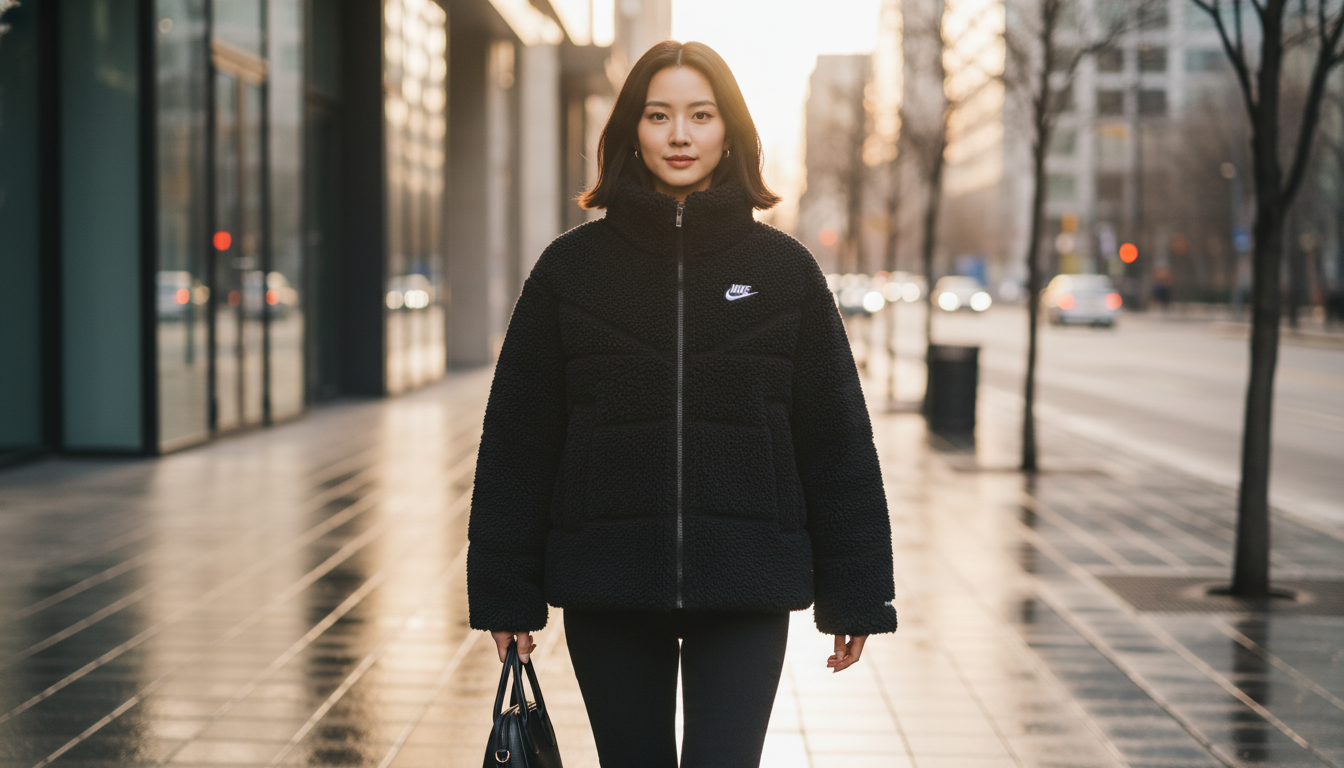 나이키 쉐르파 패딩을 입고 도시 거리를 걷는 여성의 스타일리시한 모습
