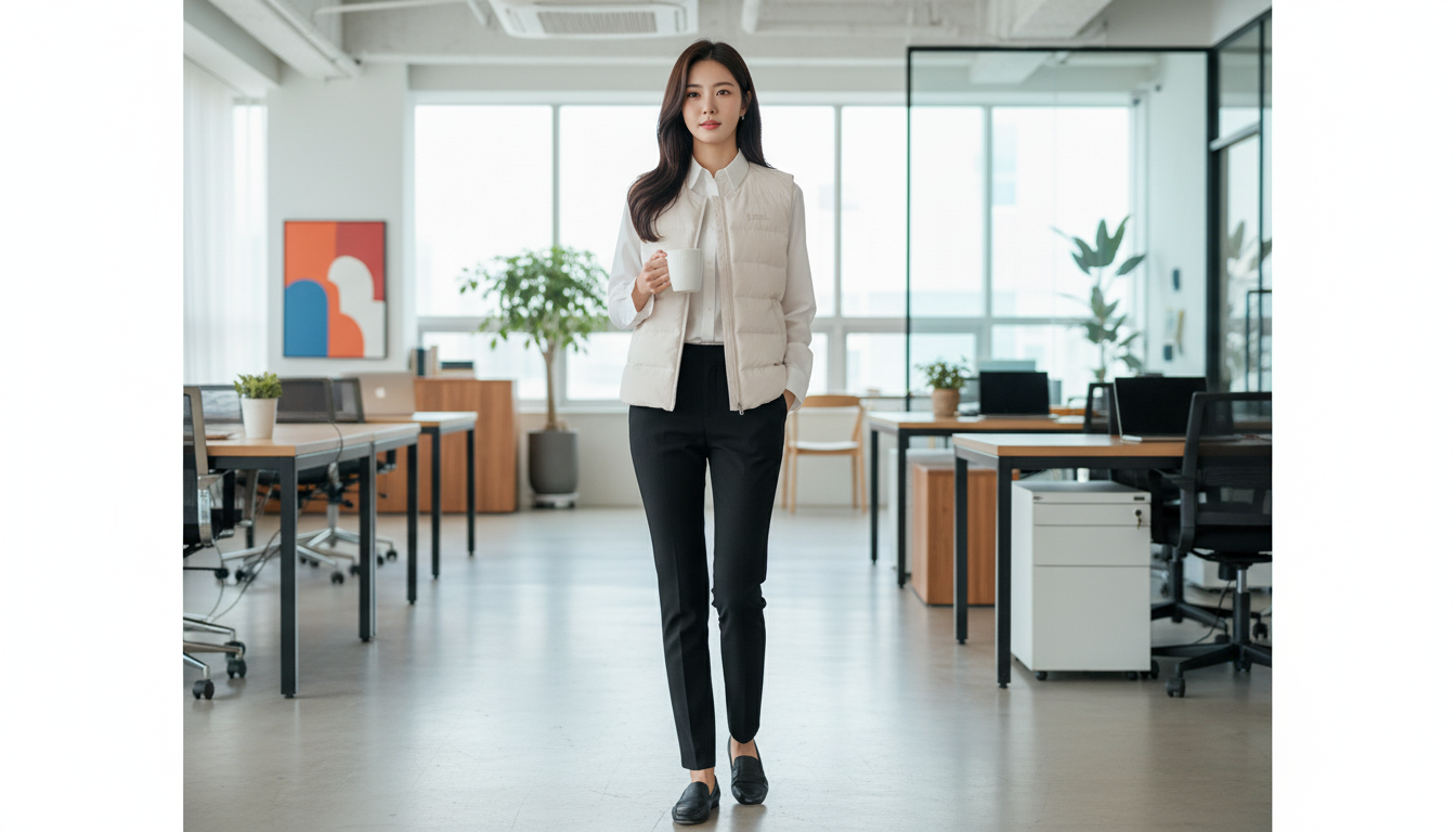 내셔널지오그래픽 경량 패딩 조끼를 활용한 세련된 오피스룩 코디