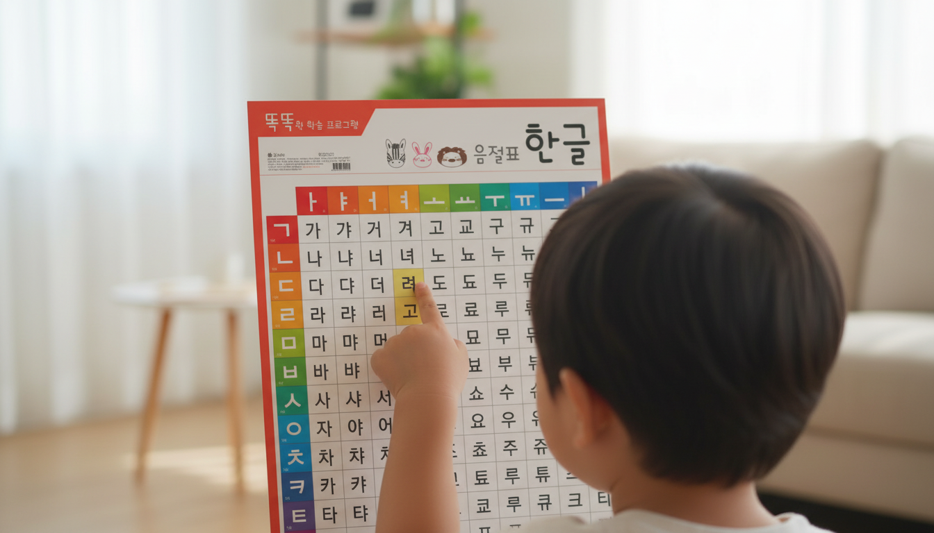 아이가 음절표 한글 화보를 손가락으로 가리키며 학습하는 모습