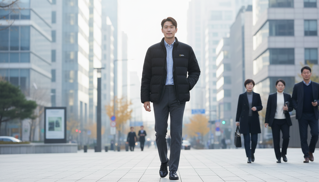 비즈니스 캐주얼 위에 내셔널지오그래픽 헤론 구스다운을 입고 출근하는 30대 한국인 남성