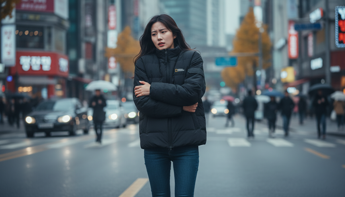 추운 날씨에 얇은 코트를 입고 어깨를 움츠린 여성