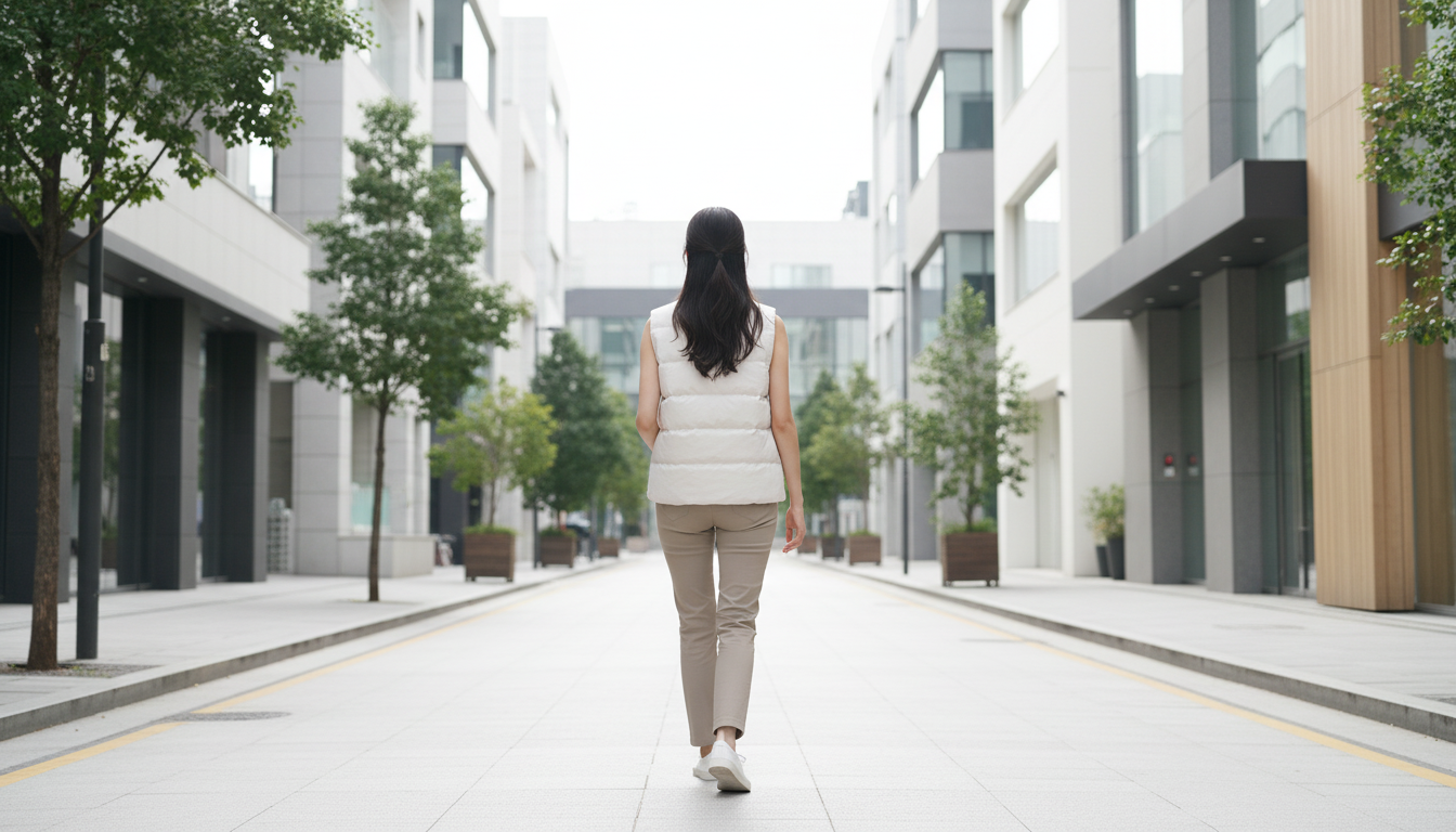 내셔널지오그래픽 경량 패딩 조끼의 깔끔한 뒷모습과 실루엣