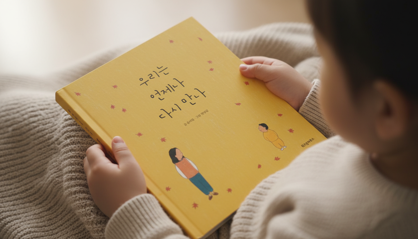 아이가 '우리는 언제나 다시 만나' 그림책을 품에 안고 있는 모습