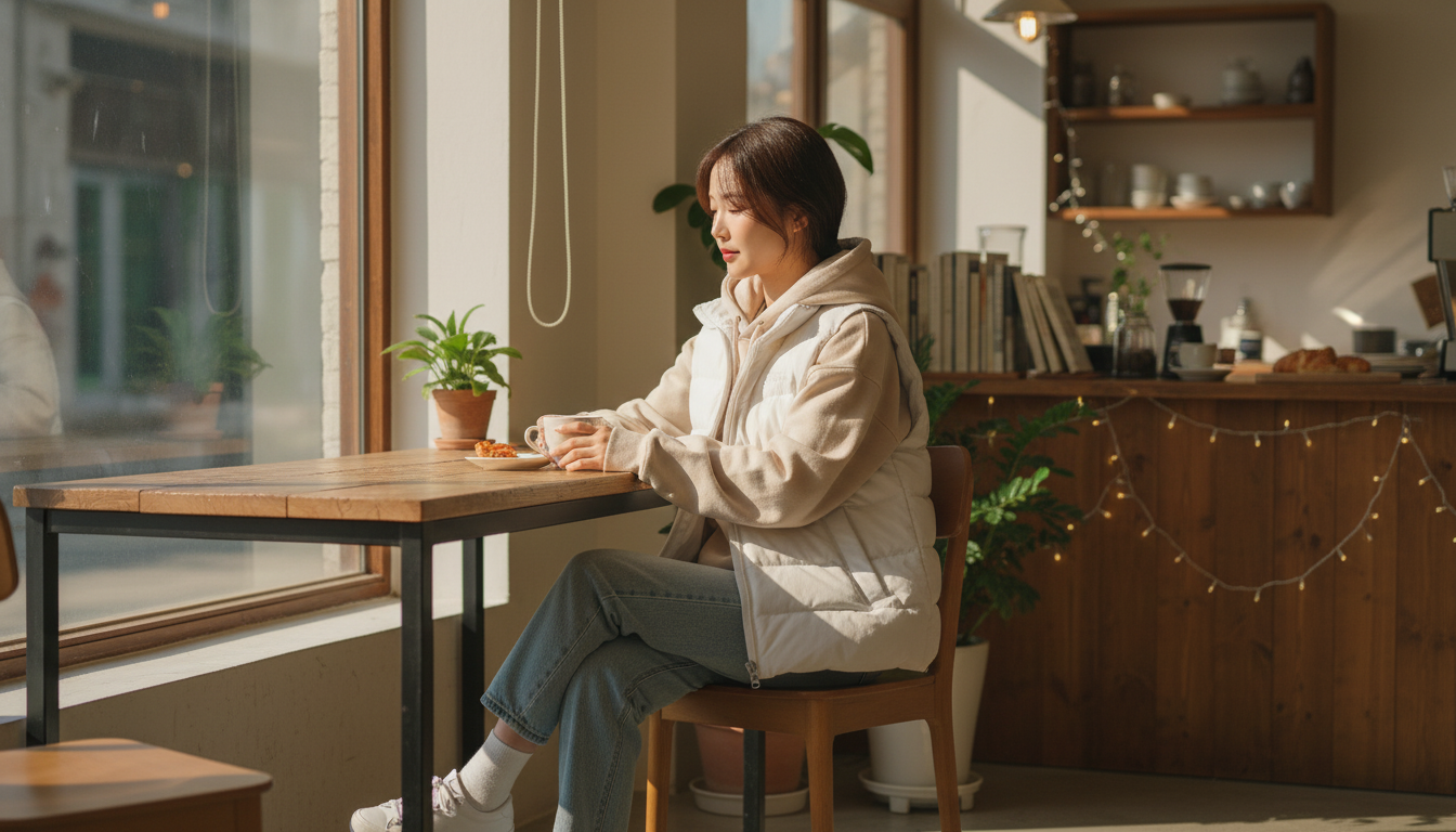 내셔널지오그래픽 경량 패딩 조끼를 입고 카페에서 여유를 즐기는 주말 코디