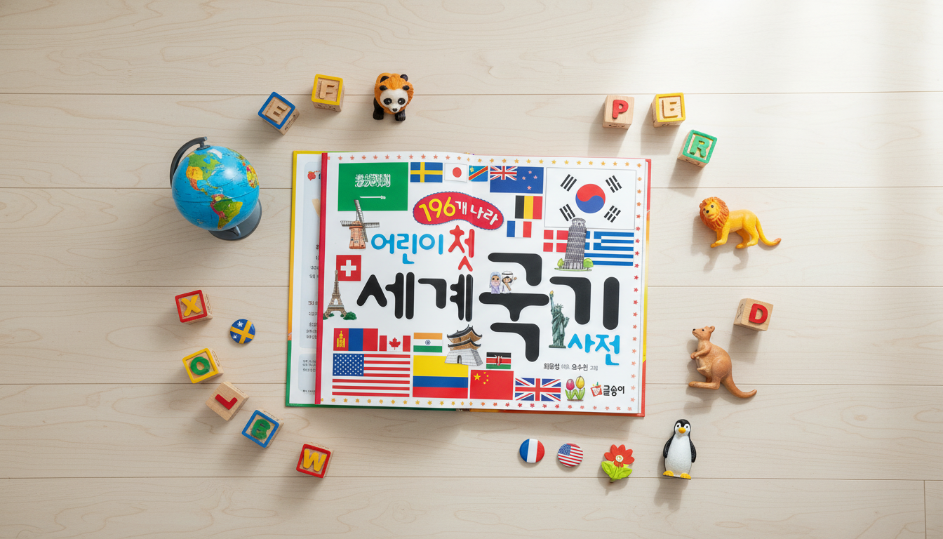 국기 사전 책과 지구본, 동물 피규어가 함께 놓여있는 모습