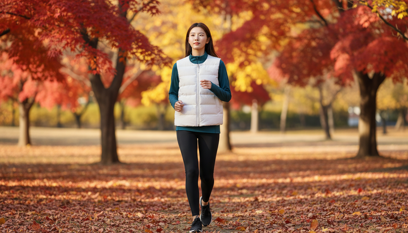 가을 공원에서 내셔널지오그래픽 패딩 조끼를 입고 가볍게 산책하는 모습