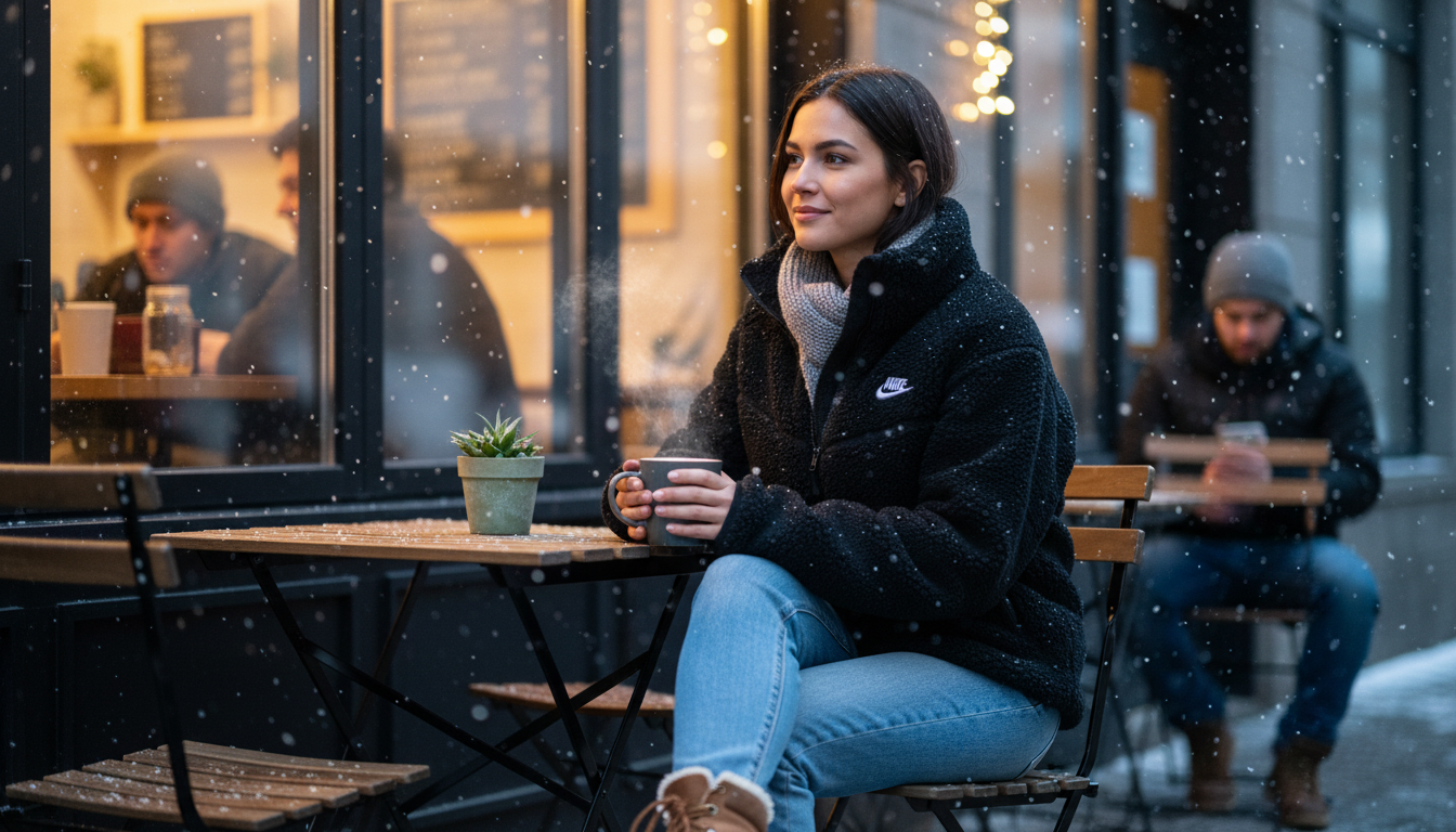 겨울 야외 카페에서 나이키 쉐르파 패딩을 입고 편안하게 앉아있는 여성