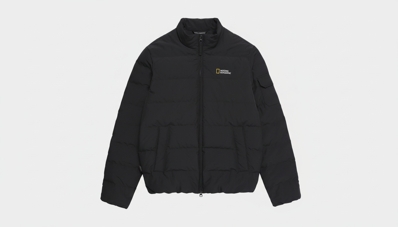 깨끗한 배경에 놓인 내셔널지오그래픽 헤론 경량 구스다운 점퍼의 정면 모습