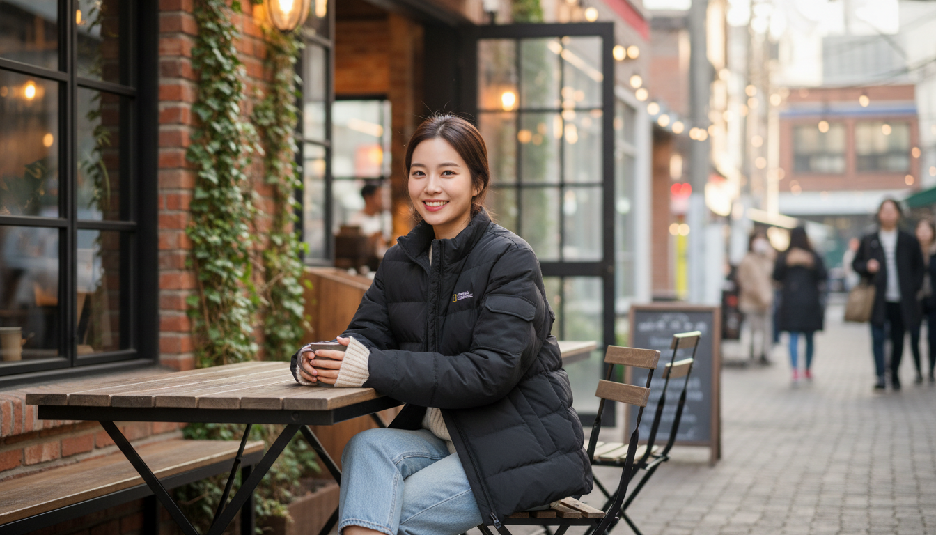주말에 내셔널지오그래픽 헤론 구스다운을 입고 카페에서 여유를 즐기는 20대 한국인 여성