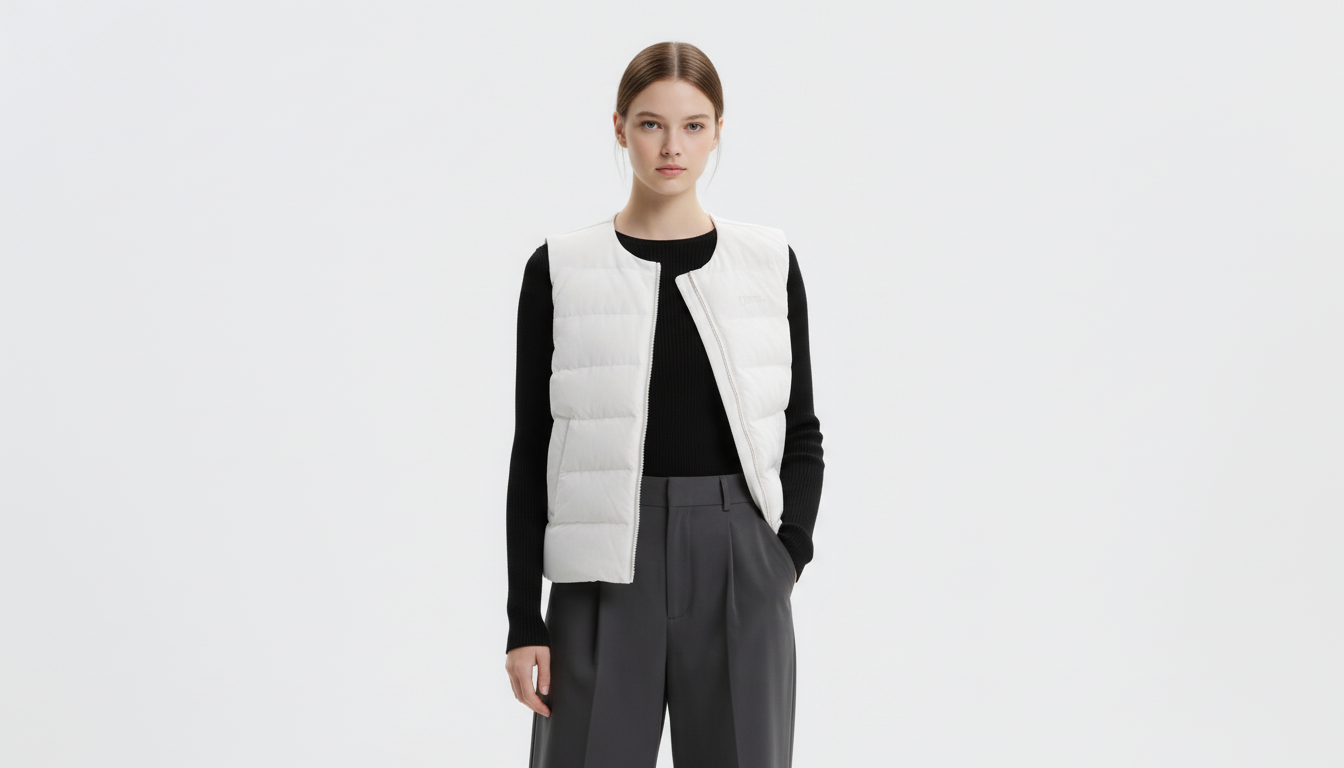 내셔널지오그래픽 헤론 U넥 경량 구스다운 베스트 크리스탈 베이지 색상 정면 착용샷