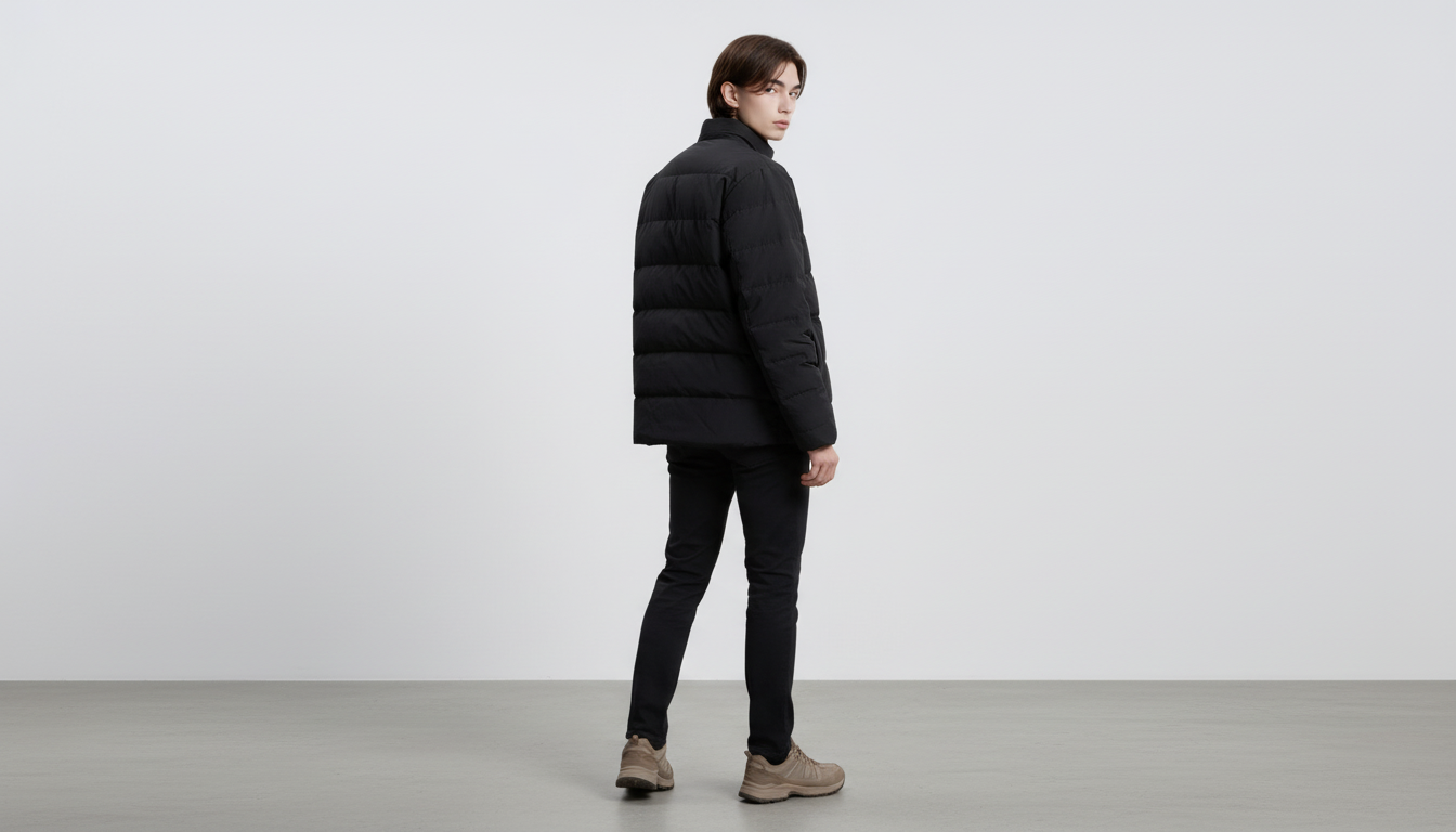 팔 부분의 내셔널지오그래픽 로고 패치가 돋보이는 헤론 구스다운 점퍼의 뒷모습