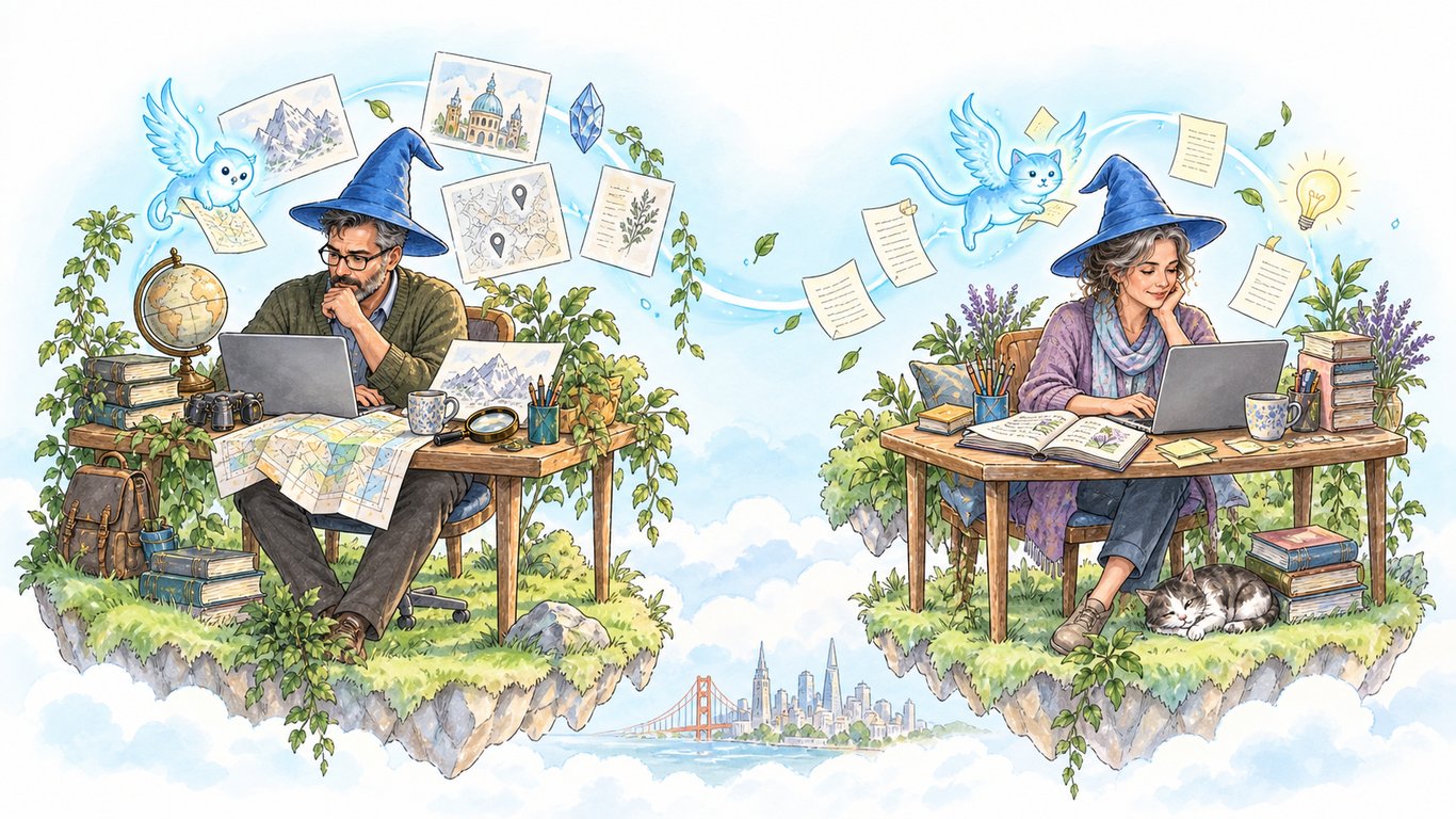 An adult researcher and writer work on separate floating grassy workspaces, with tools suited to each project.