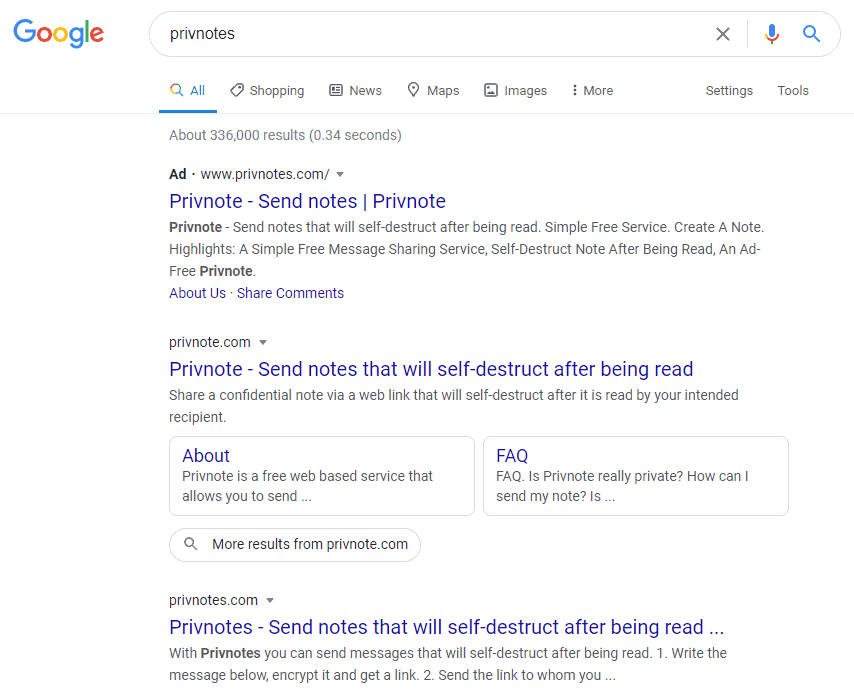 "PrivnoteS" Google Search. Source: KrebsonSecurity