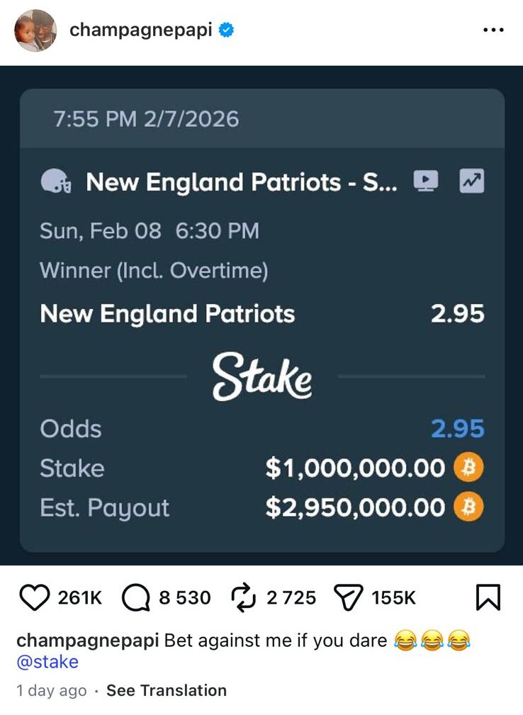 Here’s How Much Bitcoin (BTC) Drake Lost Betting on the Super Bowl