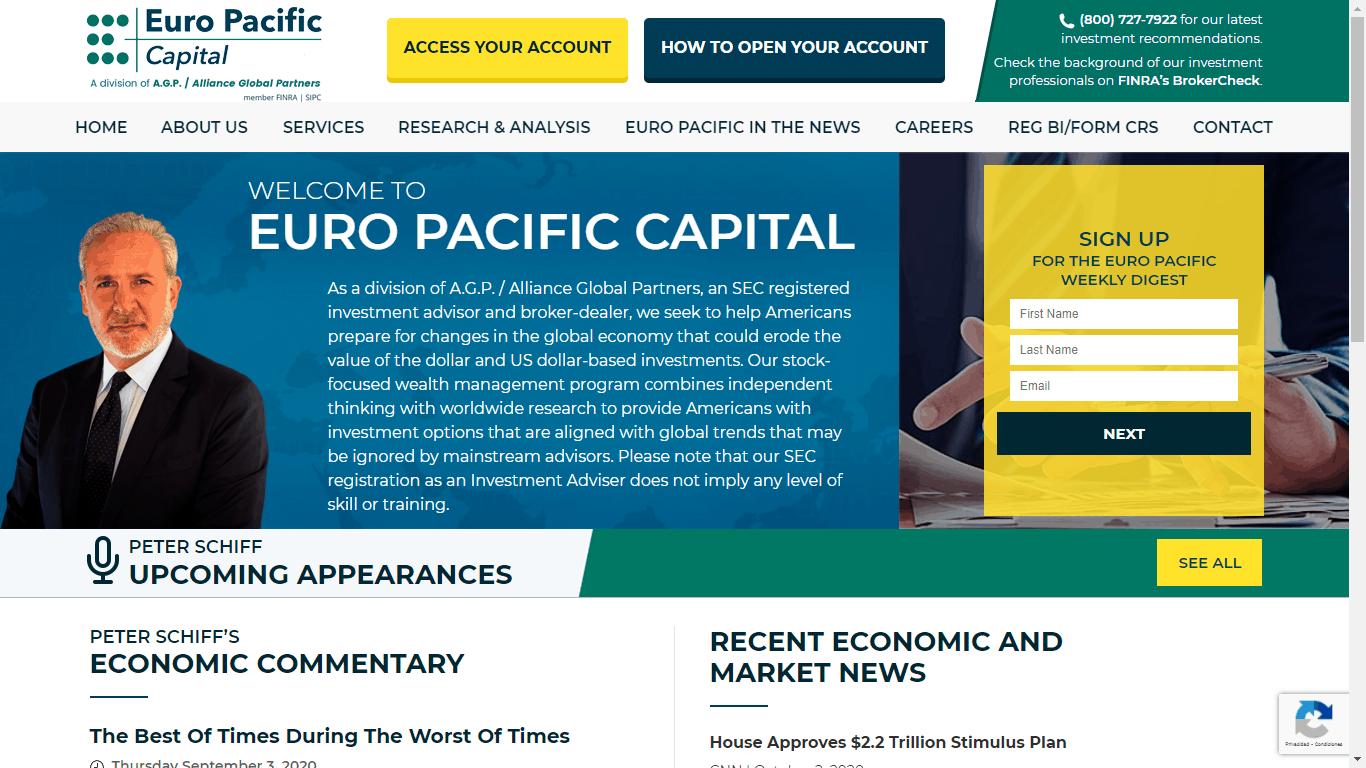 Peter Schiff appears at the main page of Euro Pacific Capital